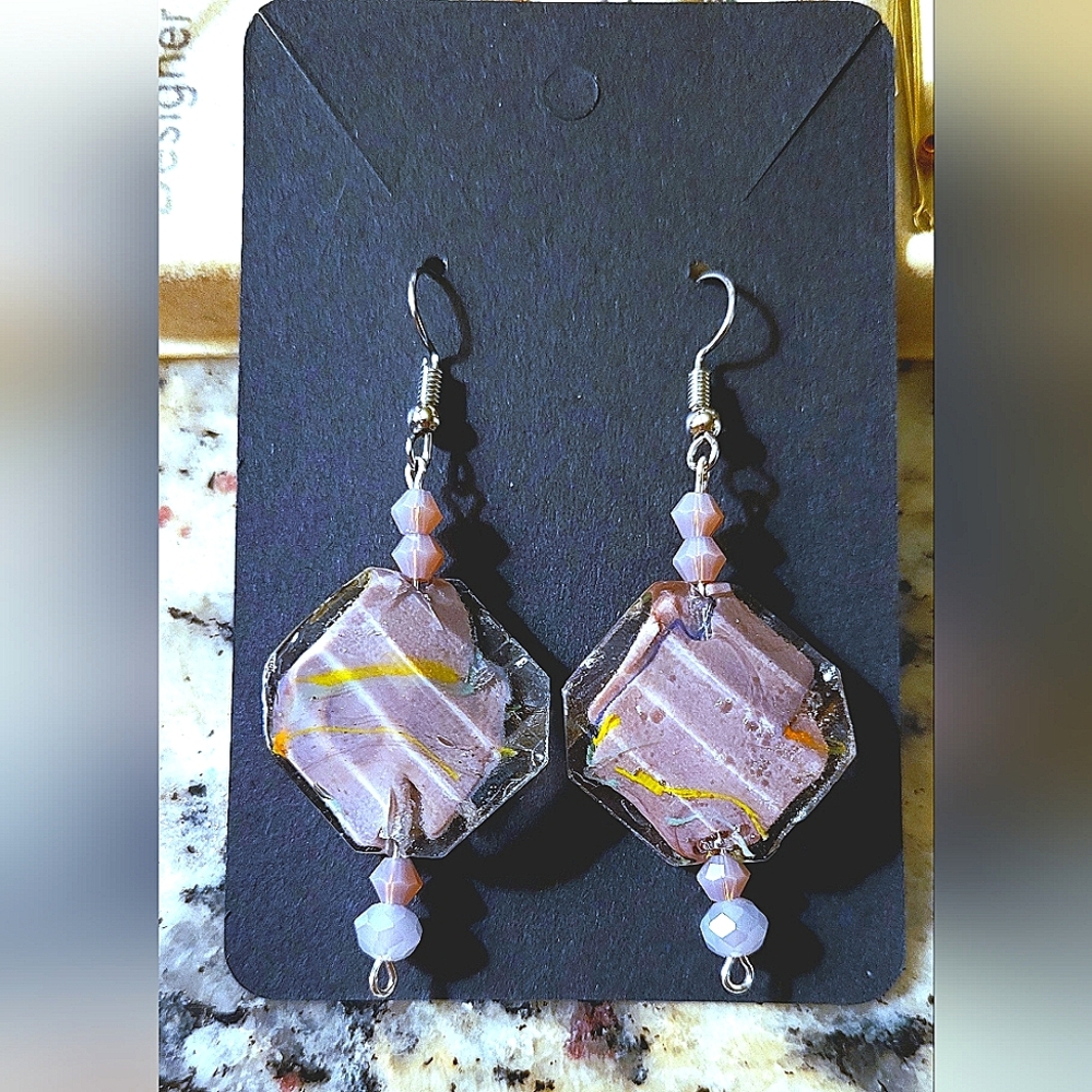 Handcrafted Purple and Yellow Lampwork Glass Earrings